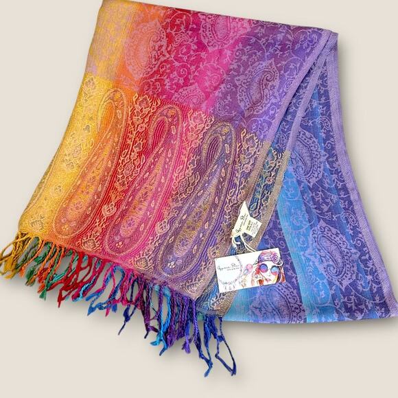 Gypsie Blu Pashmina Viscose Rainbow Paisley Ombre Fringed Scarf Shawl Wrap New - Picture 4 of 7